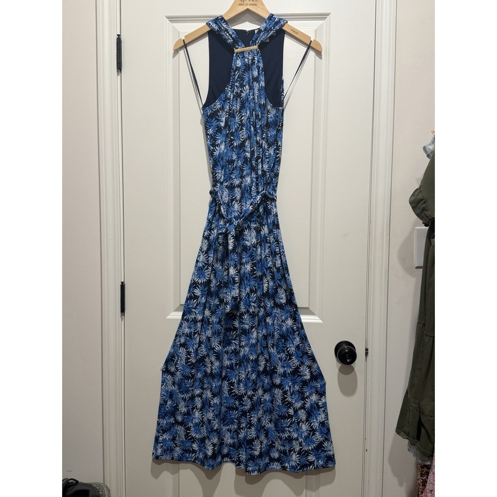 Michael Kors Blue Sleeveless Maxi Dress Palm Leaves Beach Cruise XS